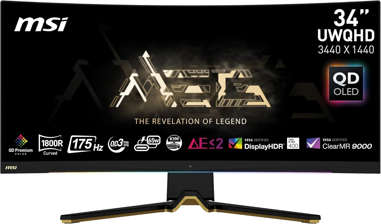 MSI MEG 342C QD OLED, 34" Curved Gaming Monitor, 3440 x 1440 (UWQHD), OLED, 0.1ms, 175Hz, FreeSync Premium, HDR 400, HDMI, DP Port, USB Type C, Tilt