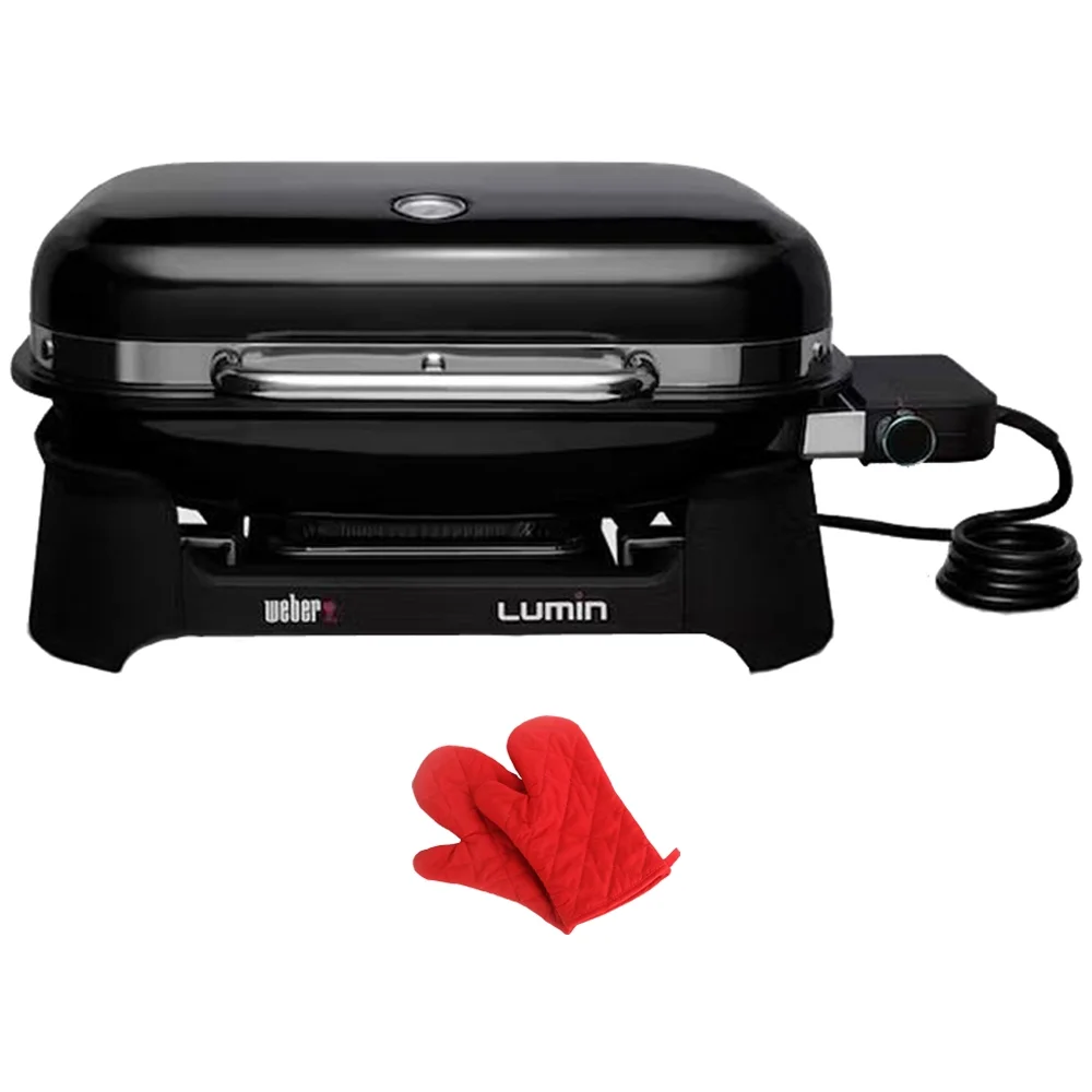 Weber 91010901 Lumin Compact Indoor Outdoor Electric Grill, Black Bundle with Deco Essentials Pair of Red Heat Resistant Oven Mitt