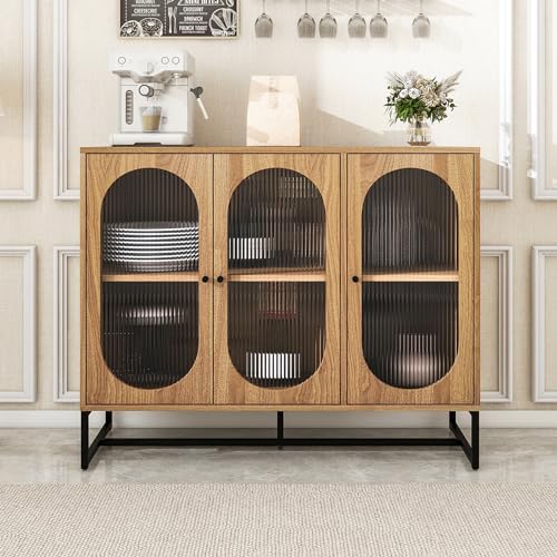 Henf Sideboard Buffet Cabinet with 3 Fluted Glass Doors, Modern Wood Kitchen Storage Cabinet Sideboard w/Height-Adjustable Shelf