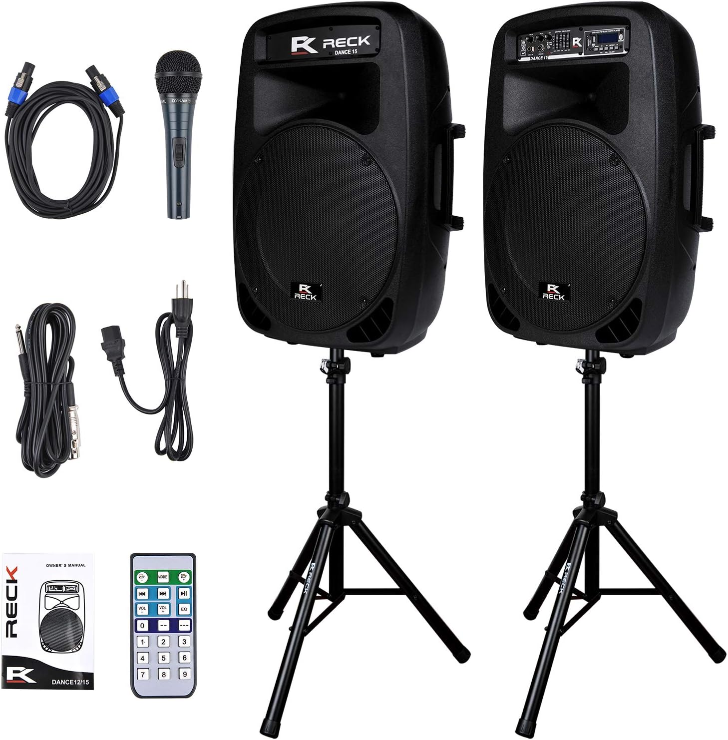 Proreck Dance 15 Portable 15-Inch 2000 Watt 2-Way Powered PA Speaker System Combo Set with Bluetooth/USB/SD Card Reader/FM Radio/Remote Control/LED