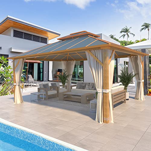 YOLENY 10' x 12' Hardtop Gazebo, Wood-Looking Gazebo with Galvanized Steel Double Roof, Aluminum Frame