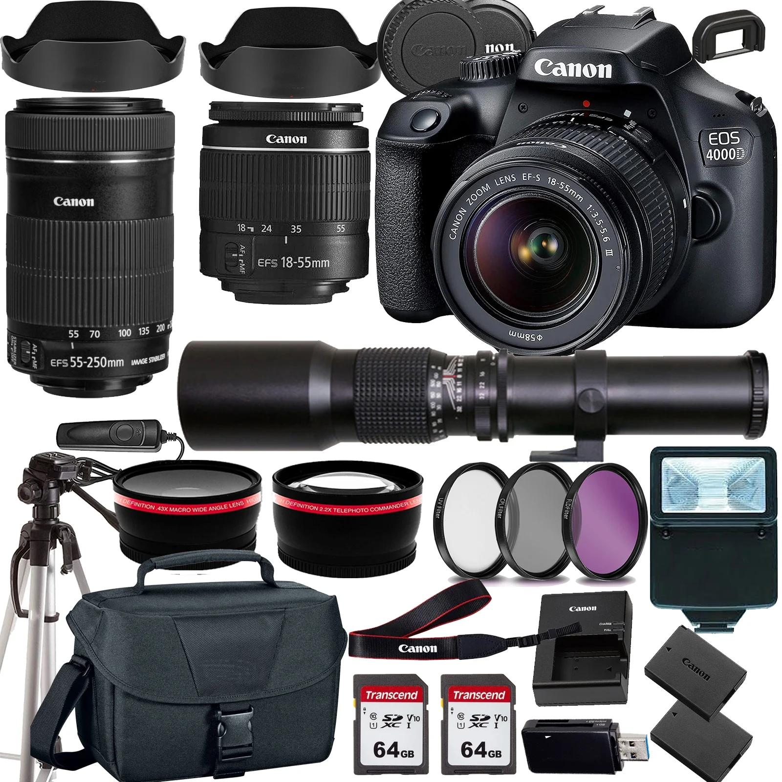 Canon EOS 4000D/Rebel T100 DSLR Camera w/Canon EF-S 18-55mm F/3.5-5.6 Zoom Lens+Canon EF-S 55-250mm f/4-5.6 IS STM+500mm f/8.0 Telephoto