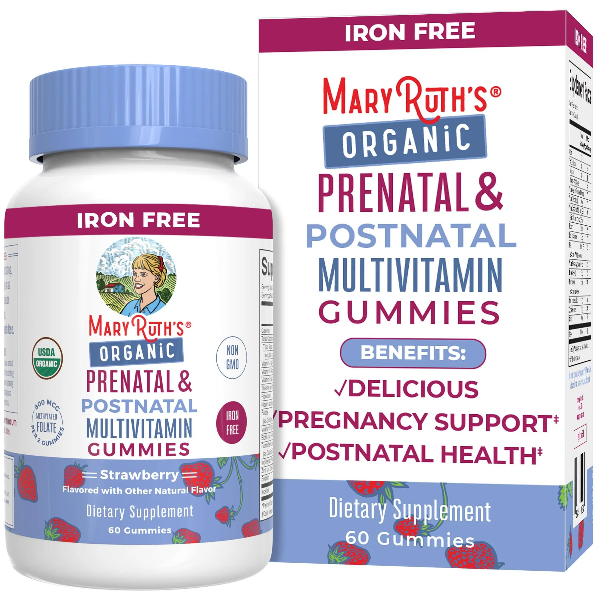 Prenatal Vitamins for Women by MaryRuth's | USDA Organic Prenatal Gummies | Postnatal Vitamins for Women Breastfeeding | Methylfolate 800 mcg DFE |