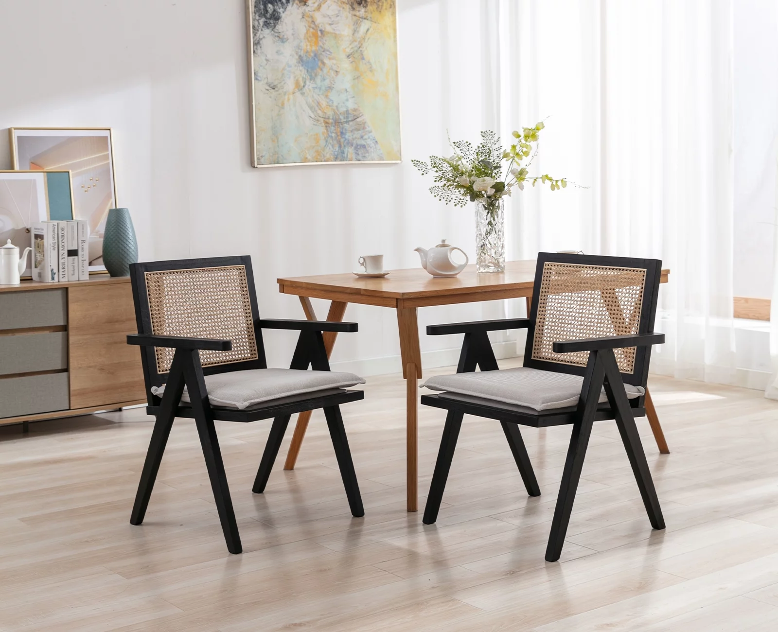 Guyou Modern Rattan Dining Chair Set of 2, Mid-century French Farmhouse Upholstered Solid Wood Armchair Reading Chair