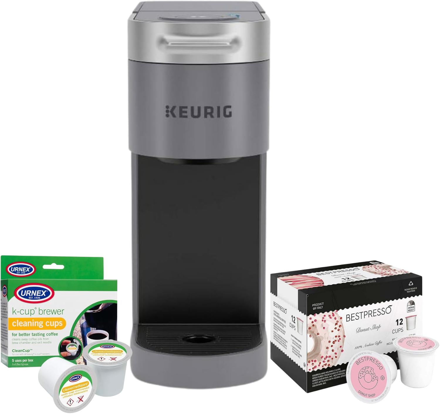 Keurig K-Slim Plus ICED Single Serve Brew Over Ice Multiple-Cup Water Reservoir Coffee Maker (Gray) Bundle with 12-Count Donut Shop Medium Roast