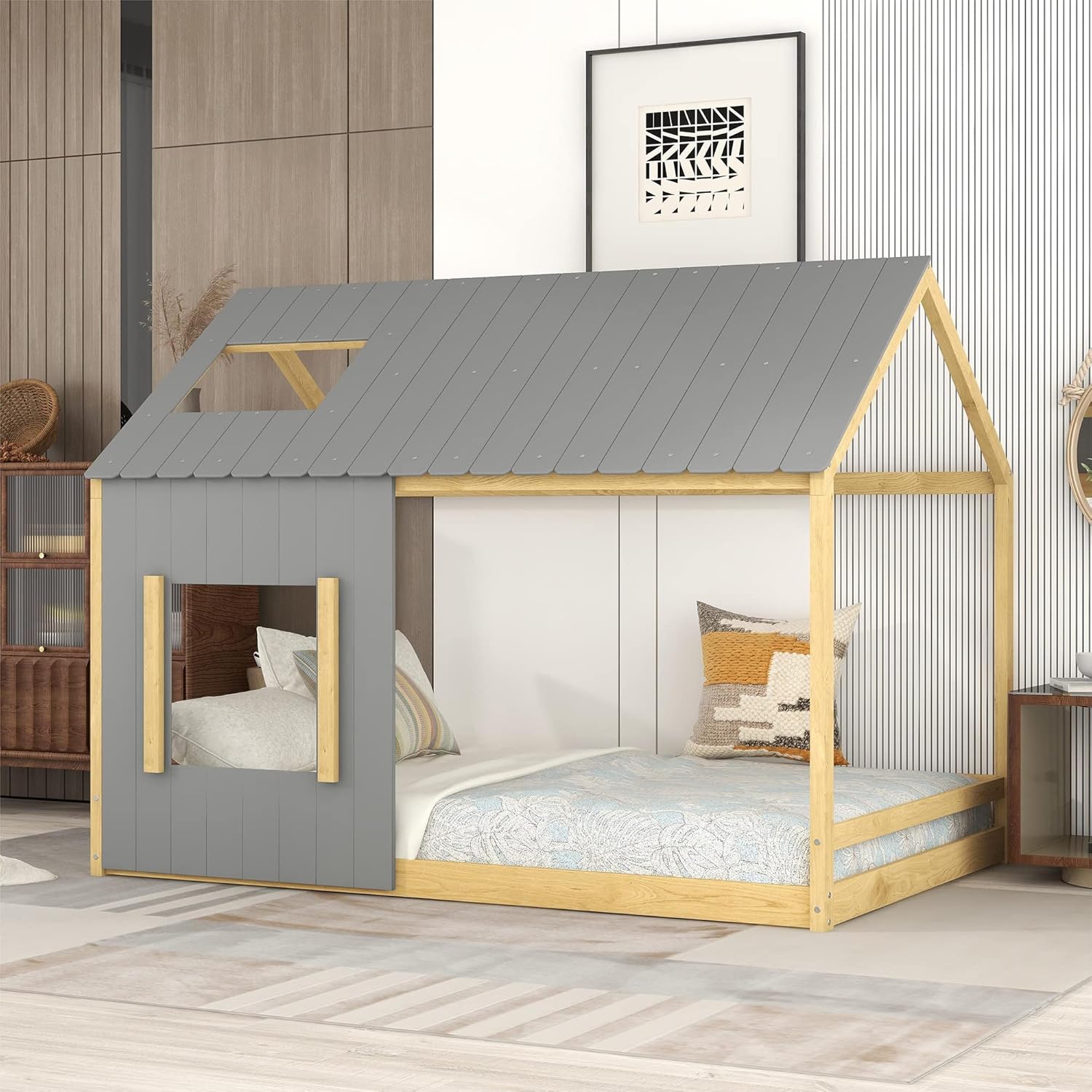 Bellemave House Bed Full Size Montessori Style Floor Bed Frame Wood Kids Cabin Beds Fun Playhouse Bed with Roof and Window for Girls Boys Teens