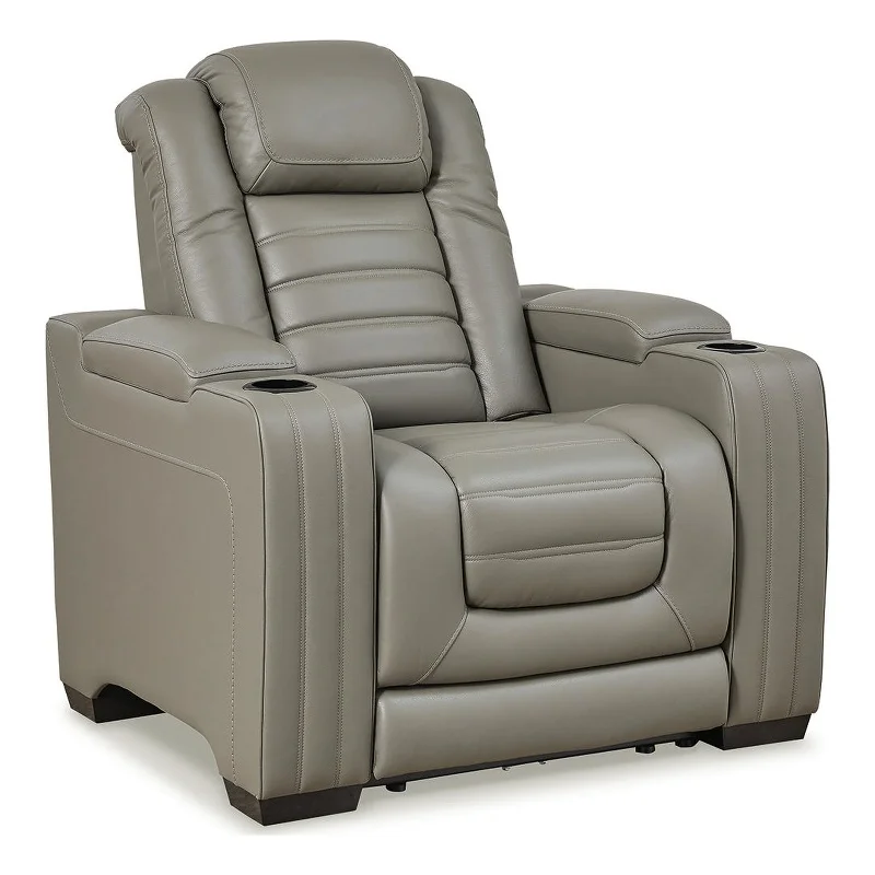 Ashley Furniture Backtrack Leather Power Recliner with Headrest in Light Gray