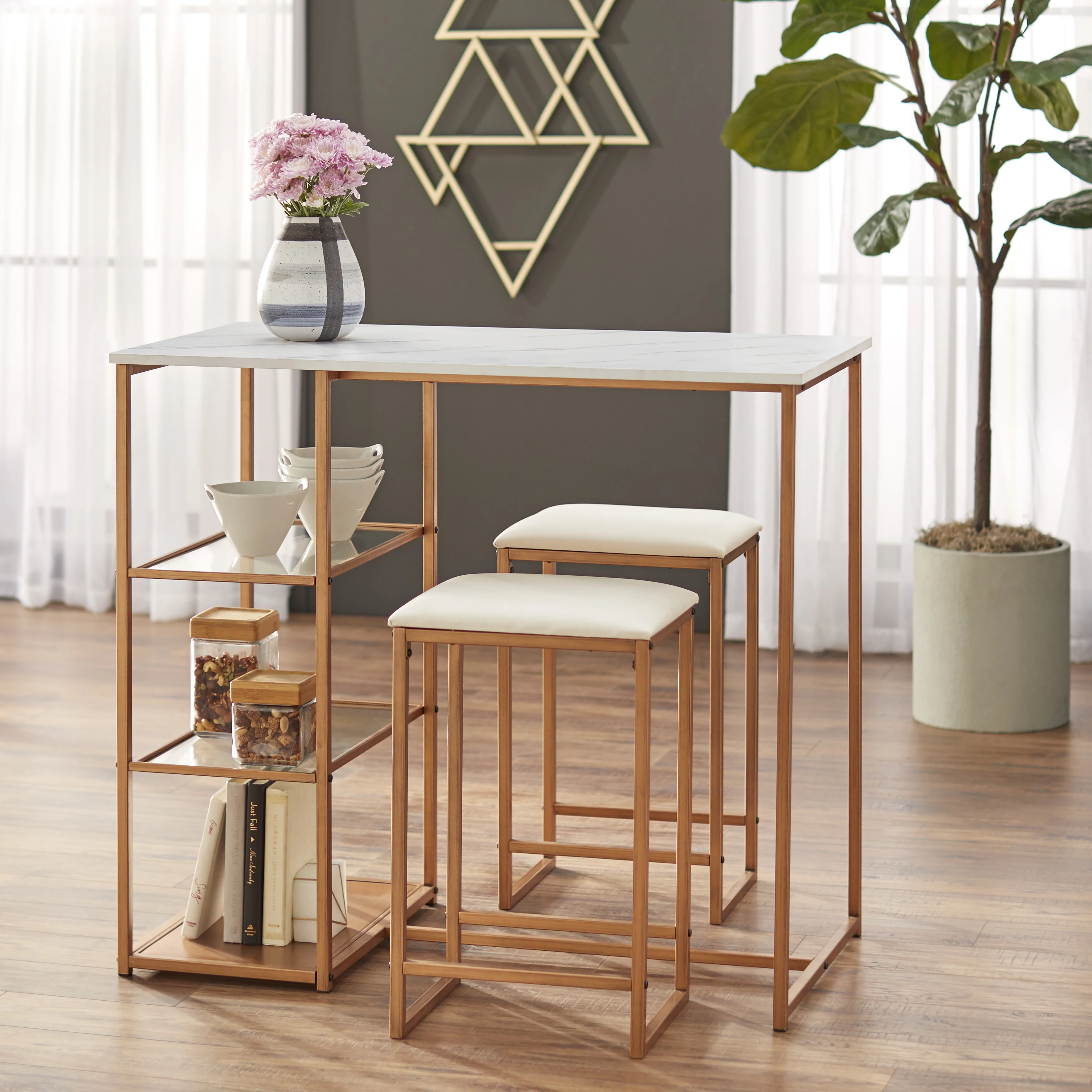 TMS Lane 3-Piece 36" high Counter Height Dining Set, Seats 2, Table and 2 Stools, White and Gold