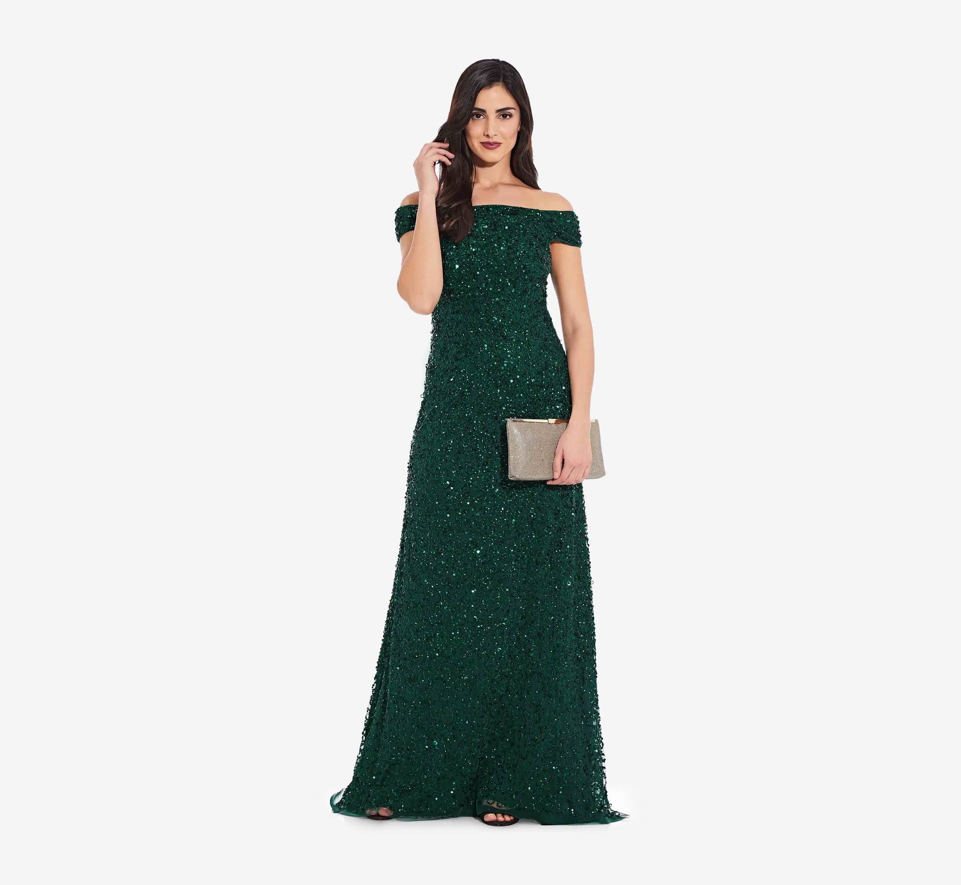 Adrianna Papell Off The Shoulder Sequin Beaded Gown, Dusty Emerald, Size: 0