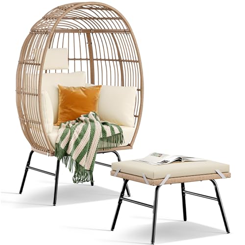 DWVO Rattan Egg Chair with Ottoman, Indoor Outdoor Egg Shape Wicker Chair for Patio, Backyard, Living Room, Basket Chair w/Footrest, 5 Cushions