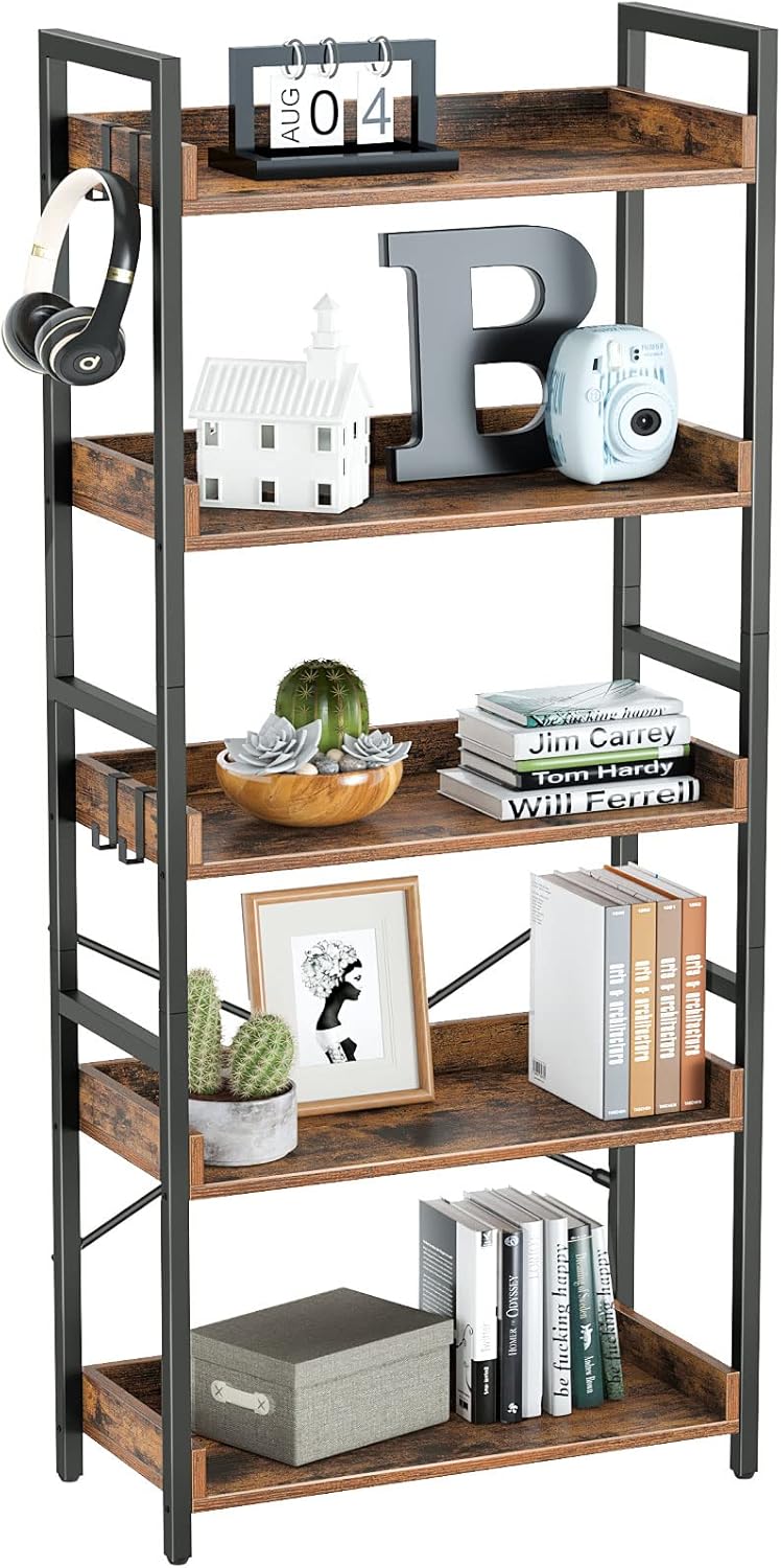 Rolanstar 5 Tier Bookshelf, Industrial Wood Bookcase with 4 Hooks, Vintage Storage Rack with Open Shelves
