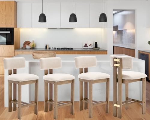 26’’ Tall Farmhouse Kitchen Bar Stools Set of 4, Modern Counter Stools with Backs Beige Linen Upholstered Bar Height Chairs with Hardwood Frame