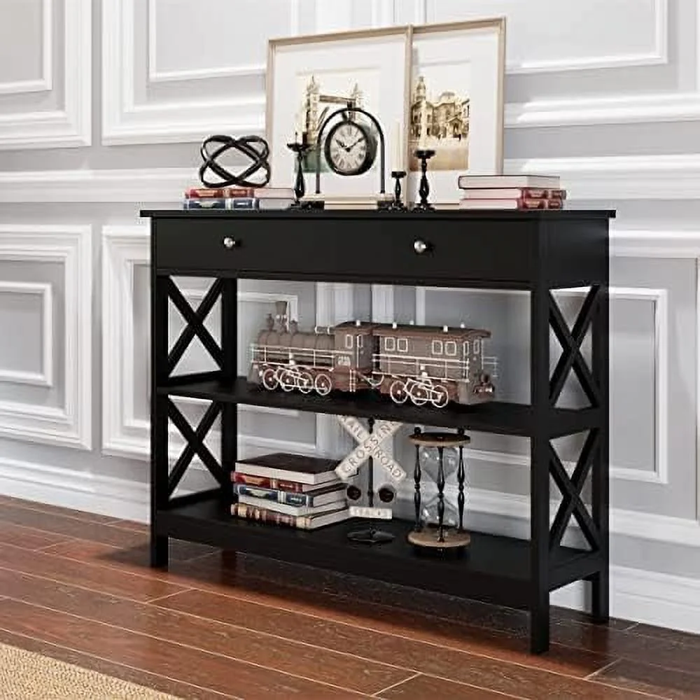 3-Tier Console Table with 1 Drawer and 2 Open Shelves  Narrow Wood Hallway Table Entry Table  X-Shaped Side Sofa Table for Living Room  Easy Assembly