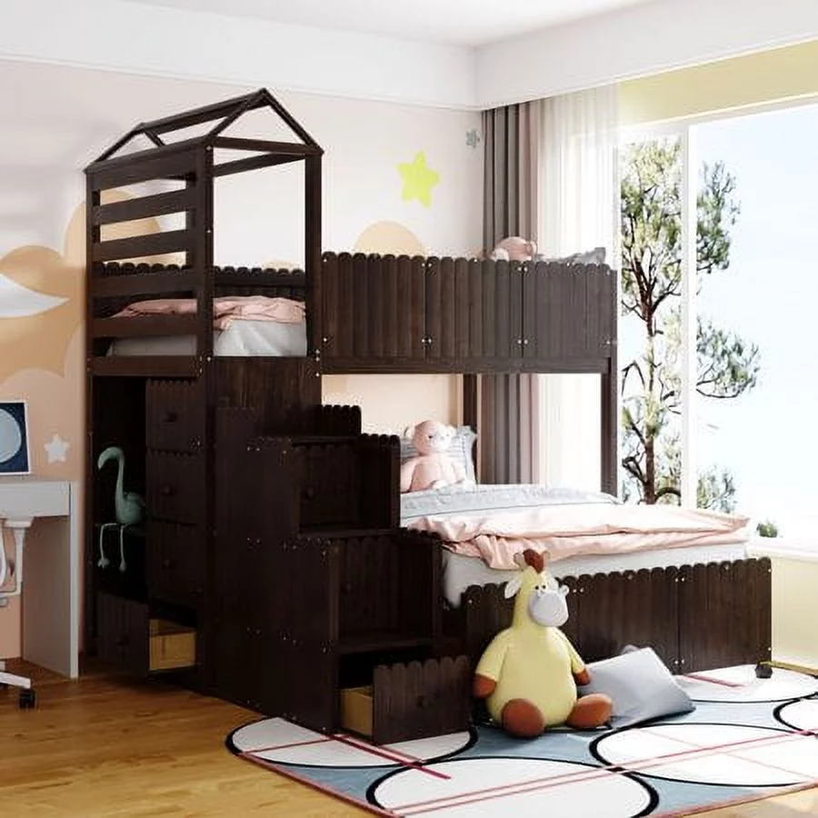 CHURANTY Wood Twin Over Full Loft Bed Stairway House Bed with Stairs and Drawers