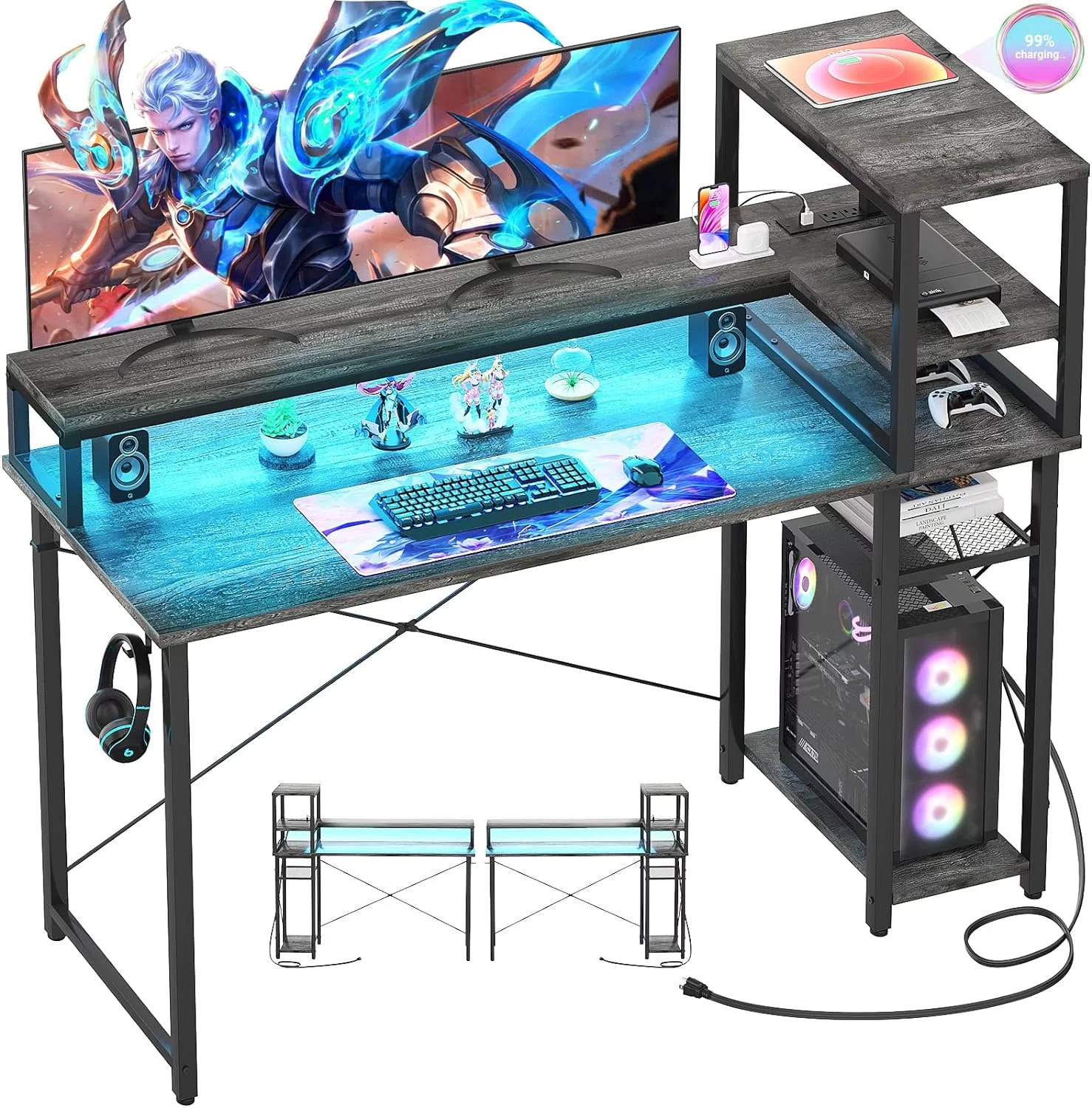 Homieasy Computer Desk with Power Outlet and USB Ports, 47 inch Ergonomic Gaming Desk with LED Strip and Monitor Stand