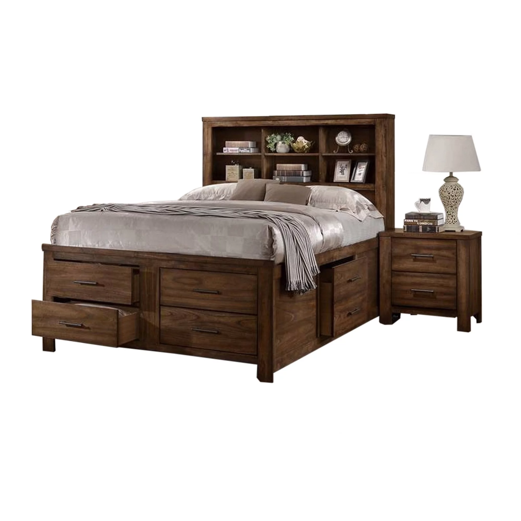 Benjara Tiva Wood King Size Bed, 6 Drawers, Book Case Frame, Distressed Oak Brown