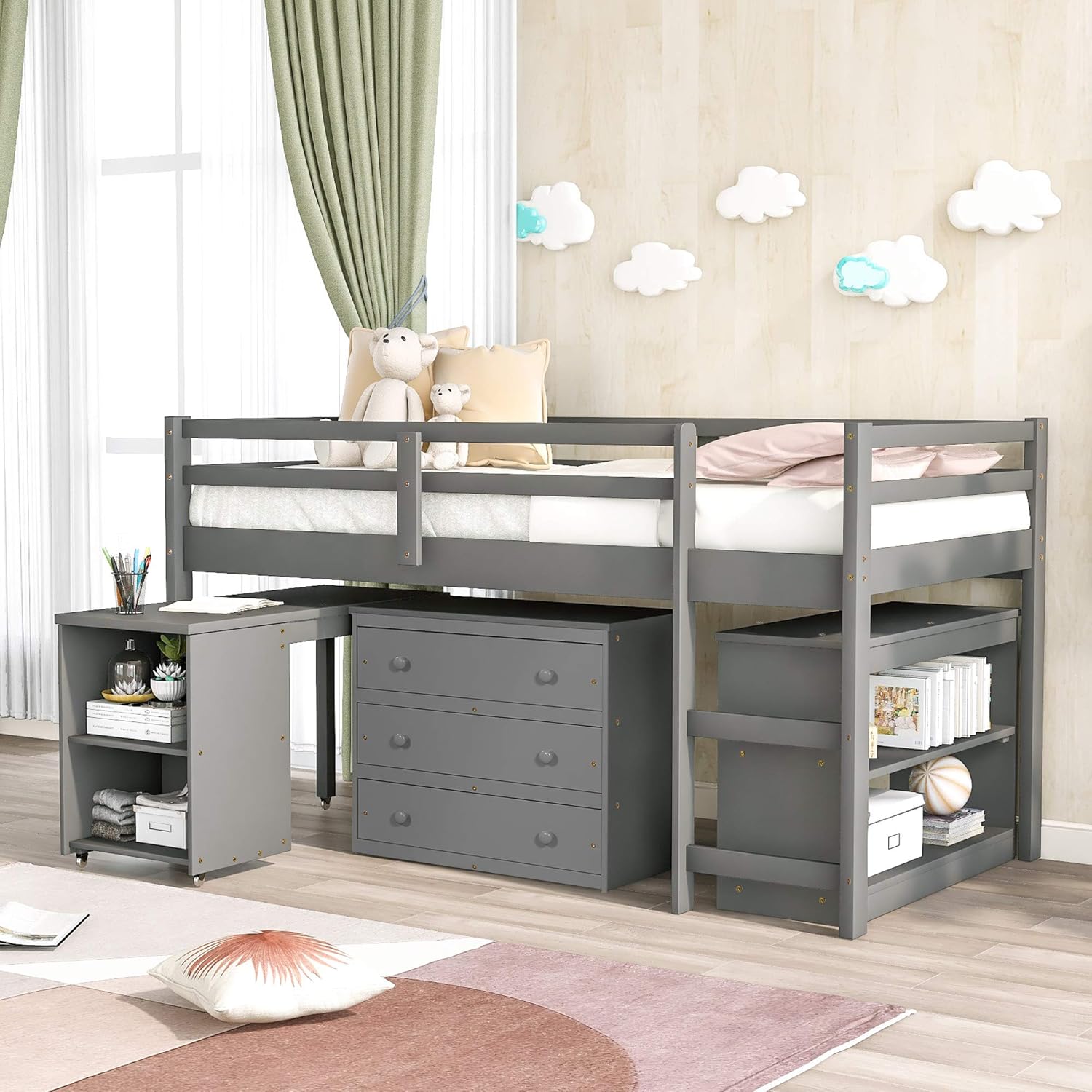 SOFTSEA Twin Study Loft Bed with Rolling Portable Desk, Cabinet and Bookcase, Low Loft Bed for Kids and Teenagers (Gray, with Desk)