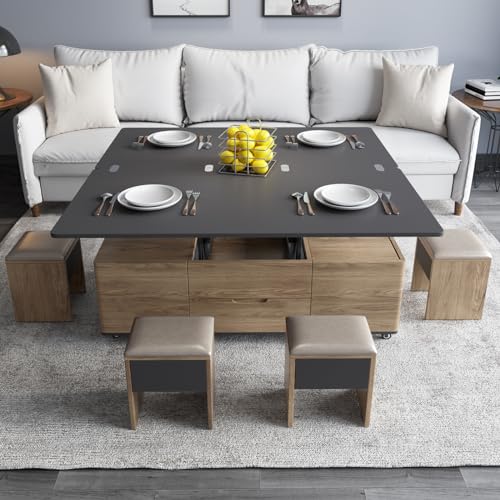 Multifunctional Lift-Top Coffee Table with 4 Stools, 3-in-1 Center Table, Space Saving Folding Dining Table,Lifting Coffee Table for Living Room