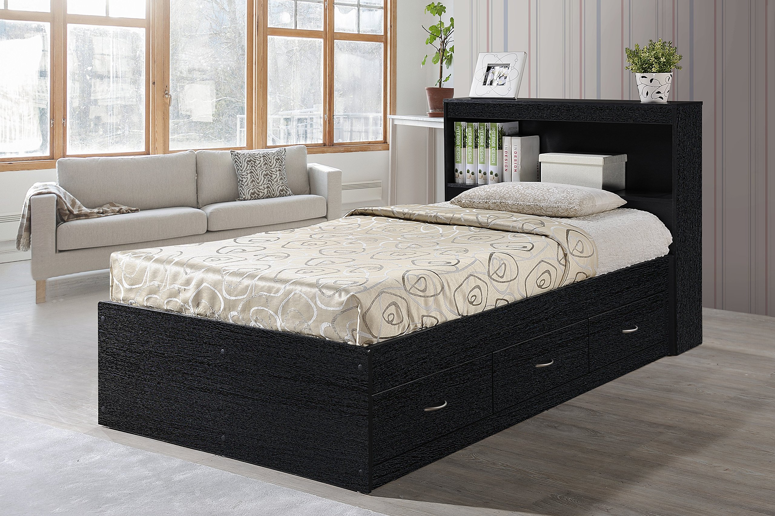 【Furniture】Hodedah Twin-Size Captain Bed with 3-Drawers and Headboard in Black