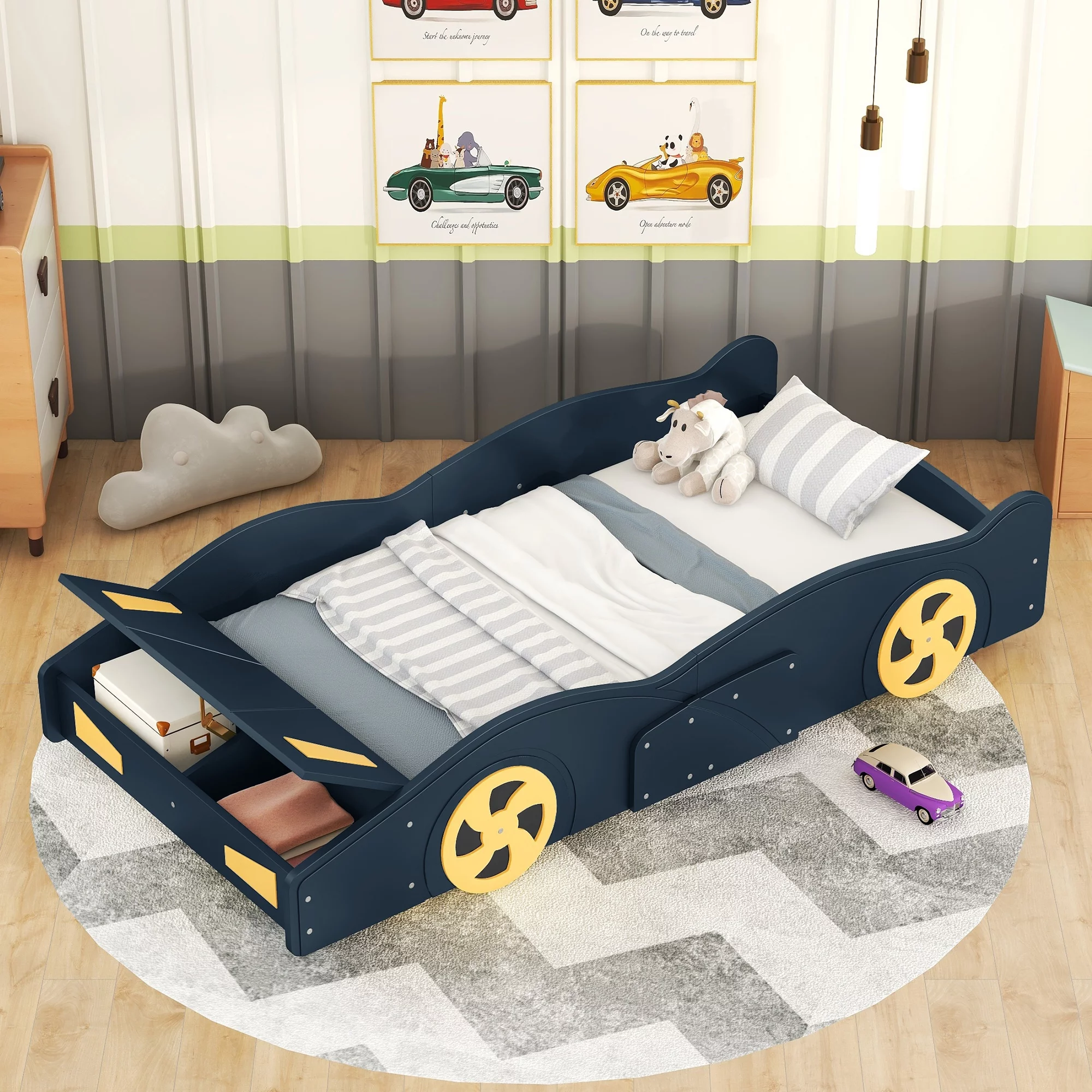 Nestfair Dark Blue Twin Size Race Car-Shaped Platform Bed with Wheels and Storage