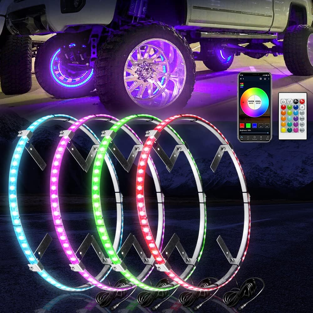 4Pcs 15.5inch LED Wheel Light RGB Chase Rim Lights w/Turn Signal and Braking Function Controlled by Remote and APP, IP 67 Waterproof