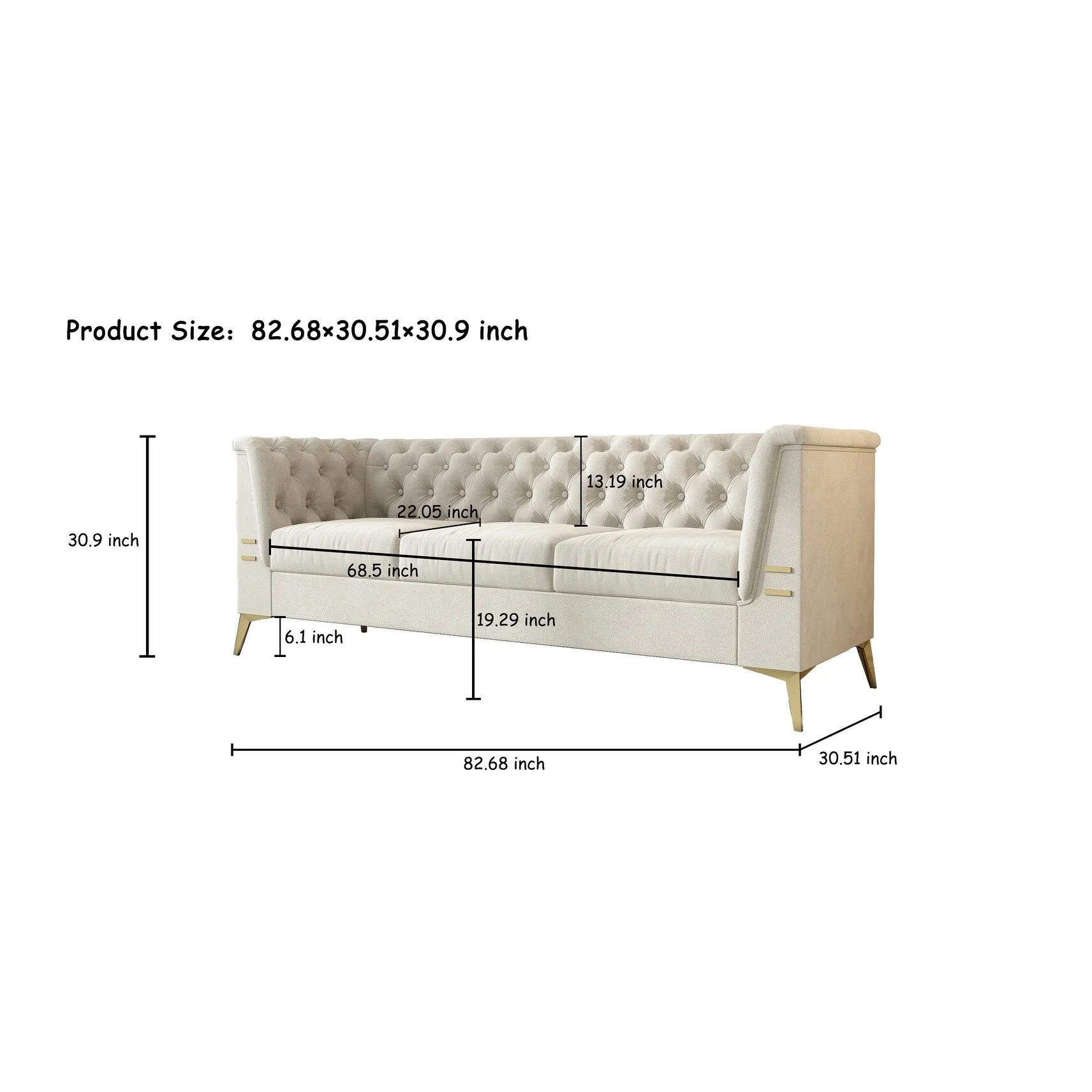Modern 3-Color Velvet Flared Arm Sofa 3-Seat Couch with Gold Legs Beige