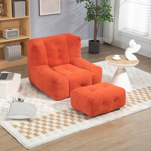 Bean Bag Chair,Microfiber Upholstered Bean Bag Couch for Adults and Kids with Footstool,Memory Foam Togo Sofa for Livingroom (White)