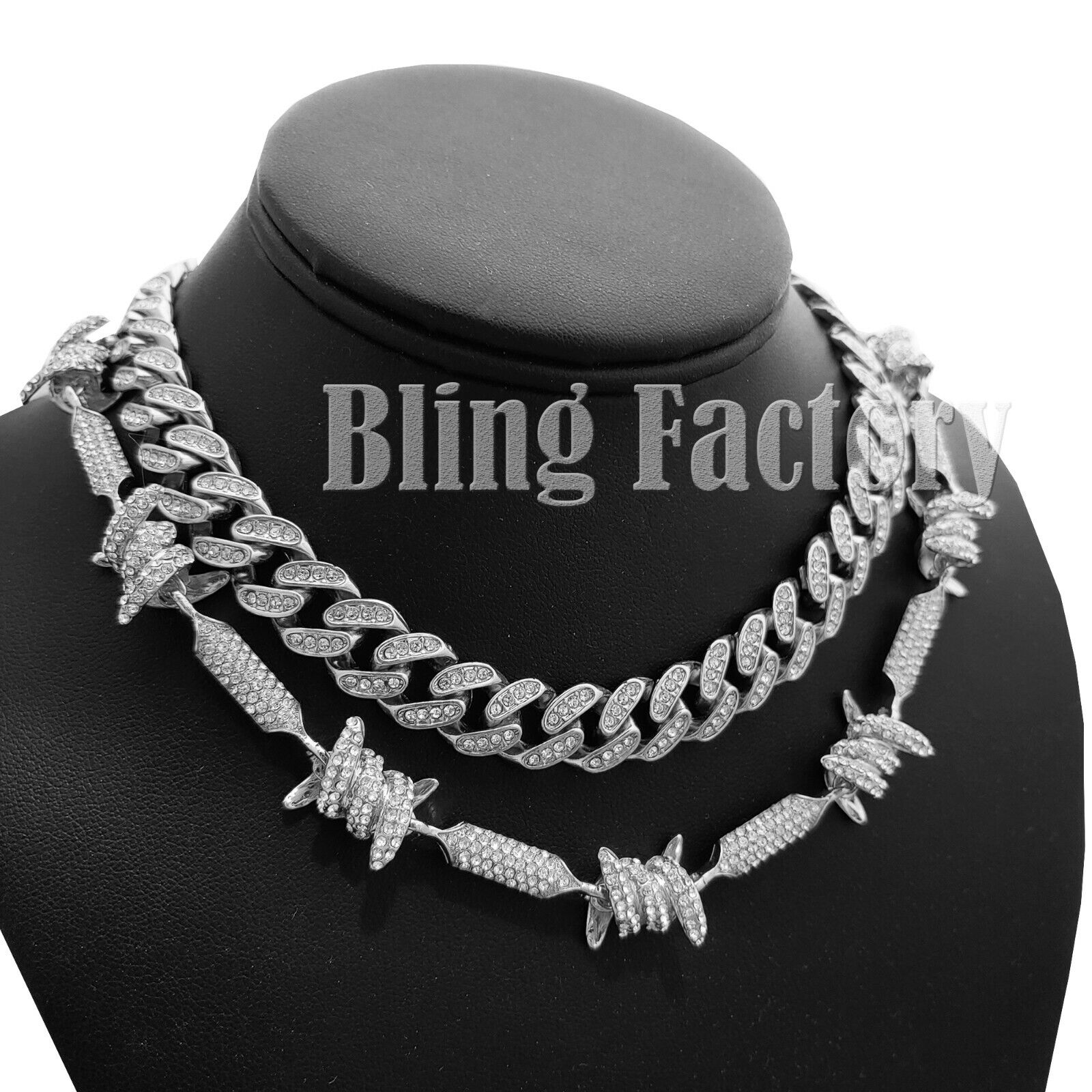 Hip Hop Silver PT Bling Full Iced 18" Cuban & Barbed Wire Choker Chain Necklace
