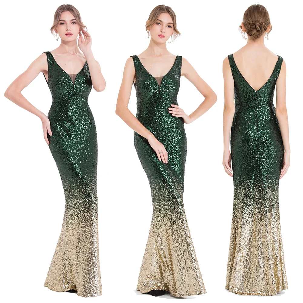 Angel fashions Women's V Neck Gradient Sequin Mother of Bride Dresses 20s Flapper Evening Party Gown Green Gold X-Large