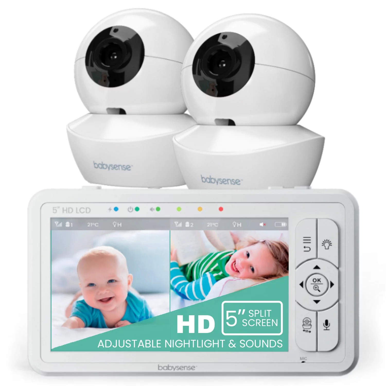 Babysense HD Baby Video Monitor Split Screen, 5" HD Display with 2 Cameras, Night Light, Non-Wi Fi, Pan Tilt Zoom, HDS2