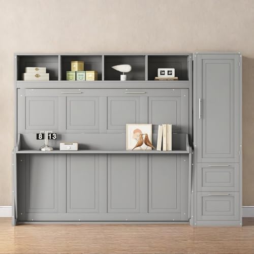 SOFTSEA Queen Size Horizontal Murphy Bed, Queen Murphy Bed with Desk Wardrobe Storage Shelf