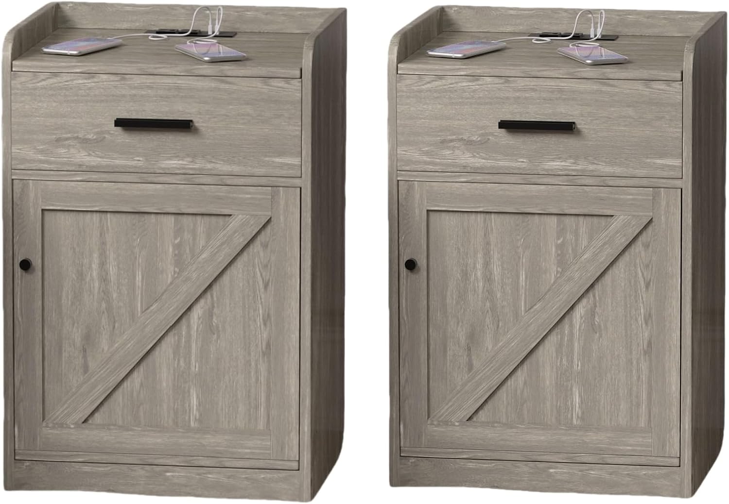 Modern Farmhouse Night Stand with Charging Station, Bed Bedside Tables Bedroom set of 2