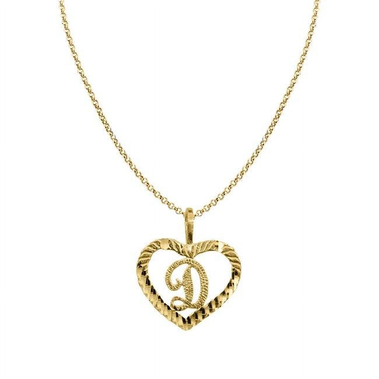 Precious Stars  18 in. 14K Yellow Gold Diamond-Cut Heart-Shaped Initial Letter D Pendant with 1.2 mm Rolo Chain