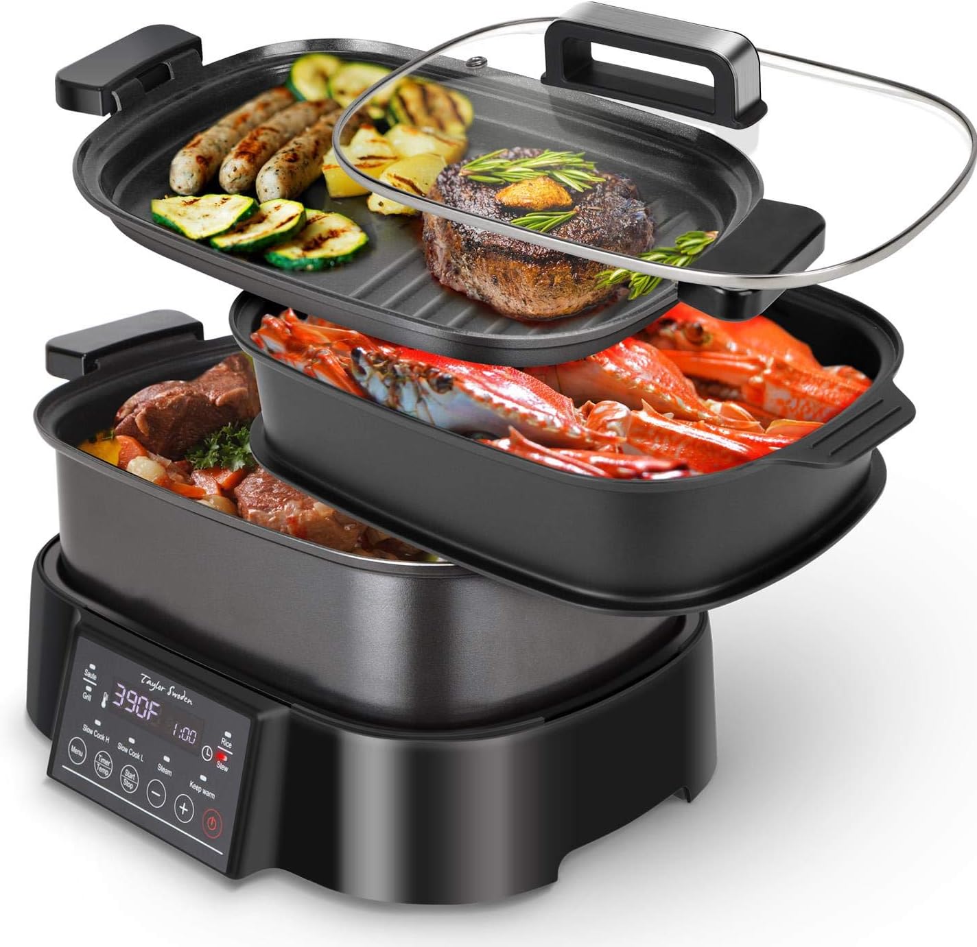 Programmable Slow Cooker with Countdown Timer, 6 L 6.3 Quart Multi-cooker with Steamer Tray, Grill Plate, Cooker pot 8-in-1 Preset Modes