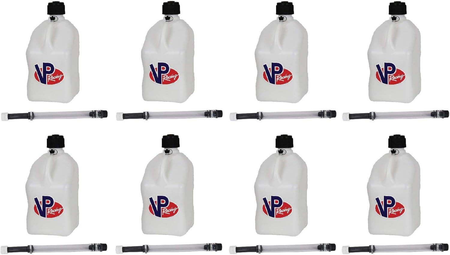 VP Racing 5-Gallon Motorsport Racing Liquid Fuel Jug Utility Can Container and Deluxe 14-Inch Hose with Hose Cap and Rubber Gasket, White Pack of 2
