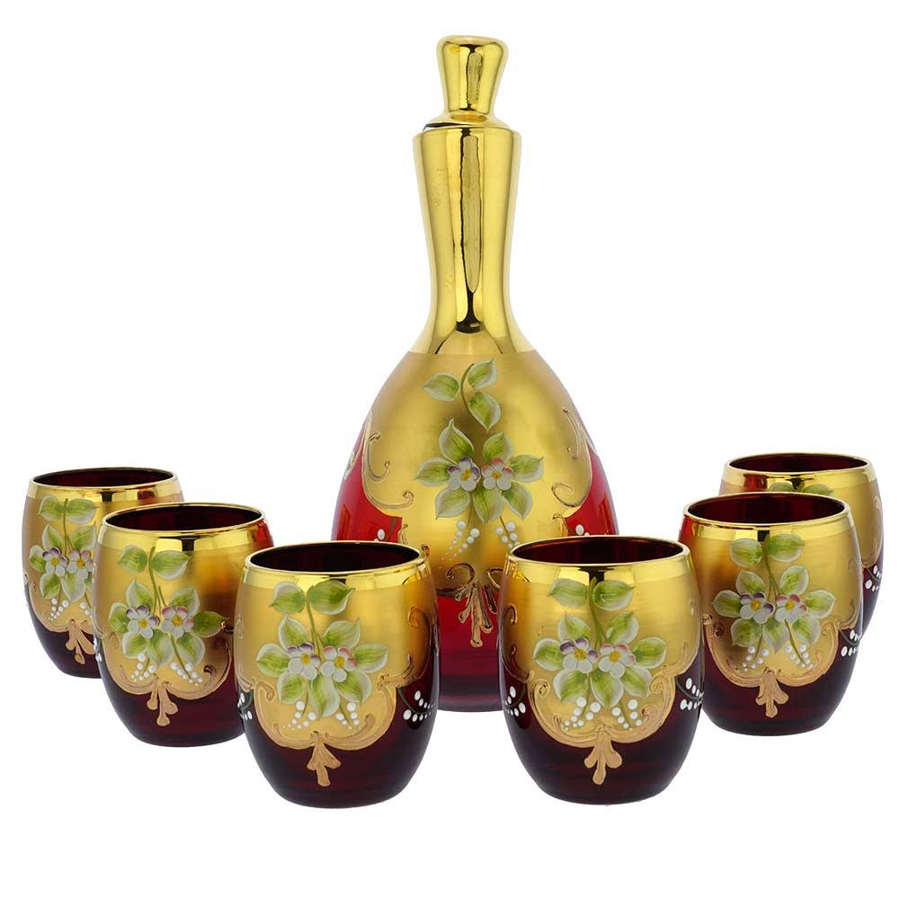 Murano Glass Decanter Set with 6 Wine Glasses Tumblers 24K Gold - Red