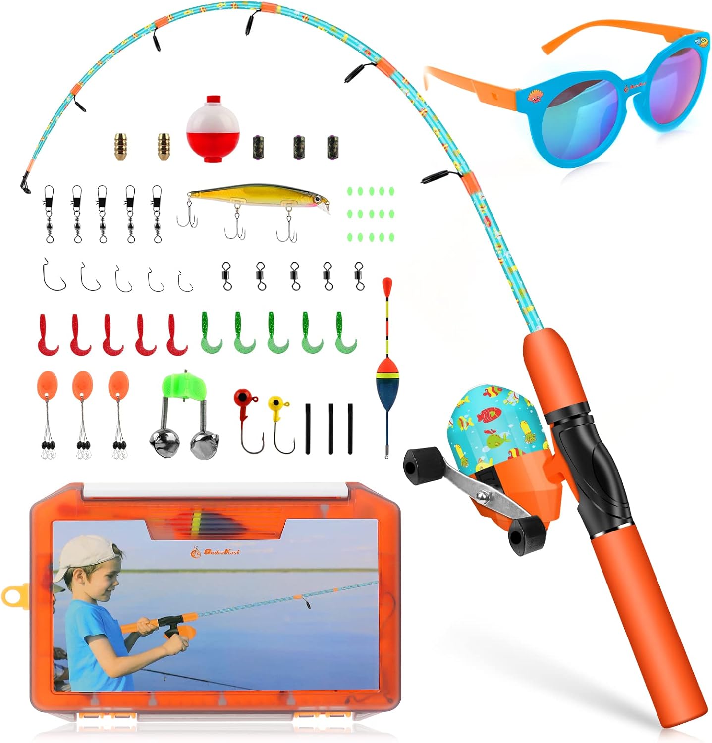 QudraKast Kids Fishing Pole, Portable Kids Fishing Rod and Reel Combo - Melding Funny Cartoon Pattern on Rod and Reel