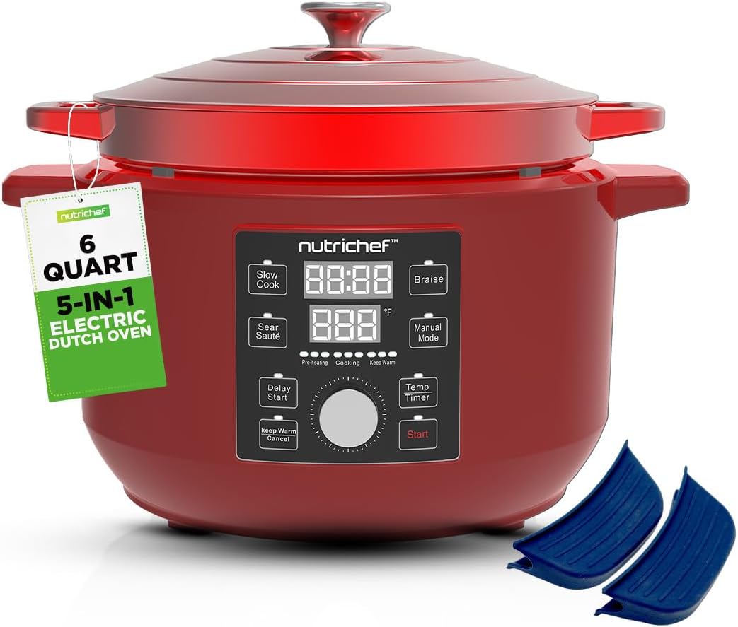 6 Quart Electric Dutch Oven | 1500W 5-in-1 Enamel Coated Cast Iron Pot with Stainless Steel Lid | Precise Temperature Control | Includes 2 Silicone