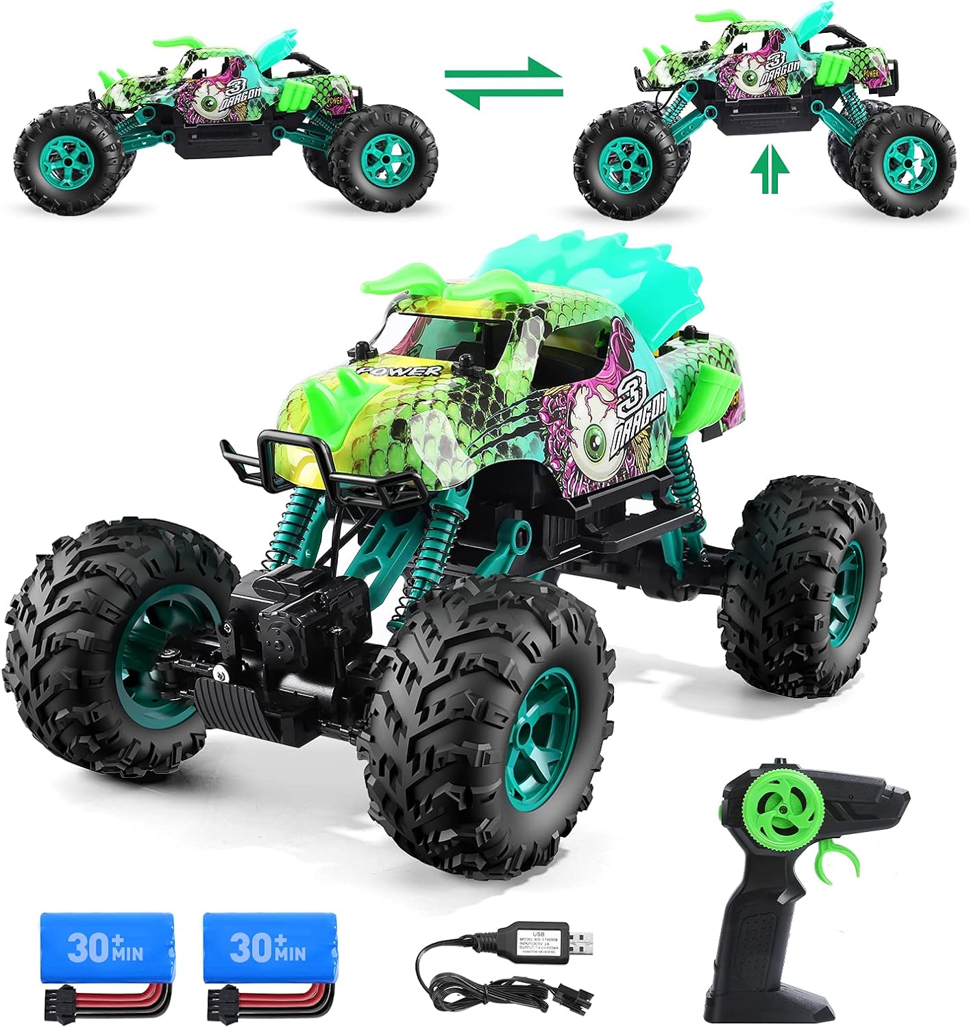 Remote Control Cars, Holyton 1:12 Large Scale Dinosaur Monster RC Trucks, 4WD Liftable Chassis Off Road Rock Crawler for Kids