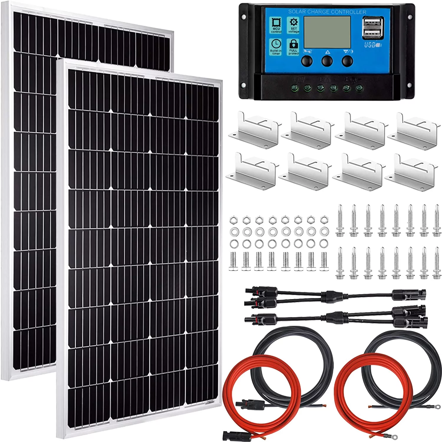 Pikasola 200 Watt 12/24V Solar Panel Kit for RV Boat Home: 2pcs 100W Monocrystalline Solar Panel Grade A + 12/24V Solar Charge Controller + 16ft