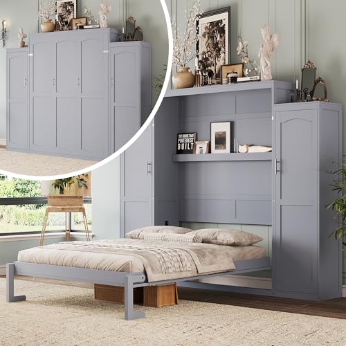 Polib Full Size Murphy Bed with Two Wardrobes and Storage Shelf, Space-Saving Wall Cabinet Bed with Foldable Platform Bedframe for Small Bedrooms