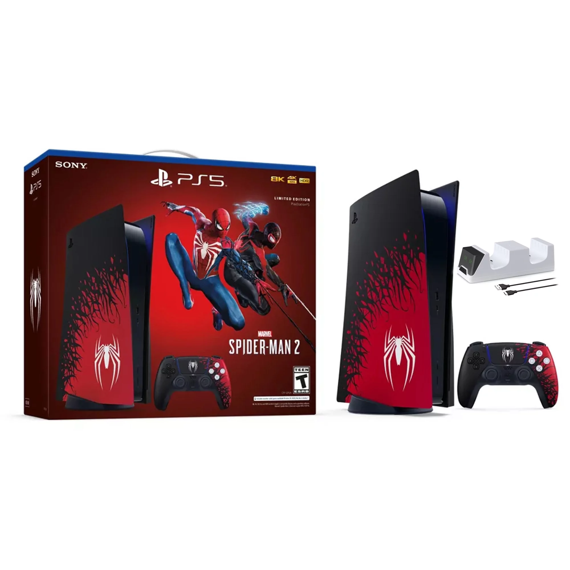 PlayStation 5 Disc Spider-Man 2 Limited Edition Bundle: SpiderMan 2 Console, Controller and Game, with Mytrix Controller Charger - Black/Red