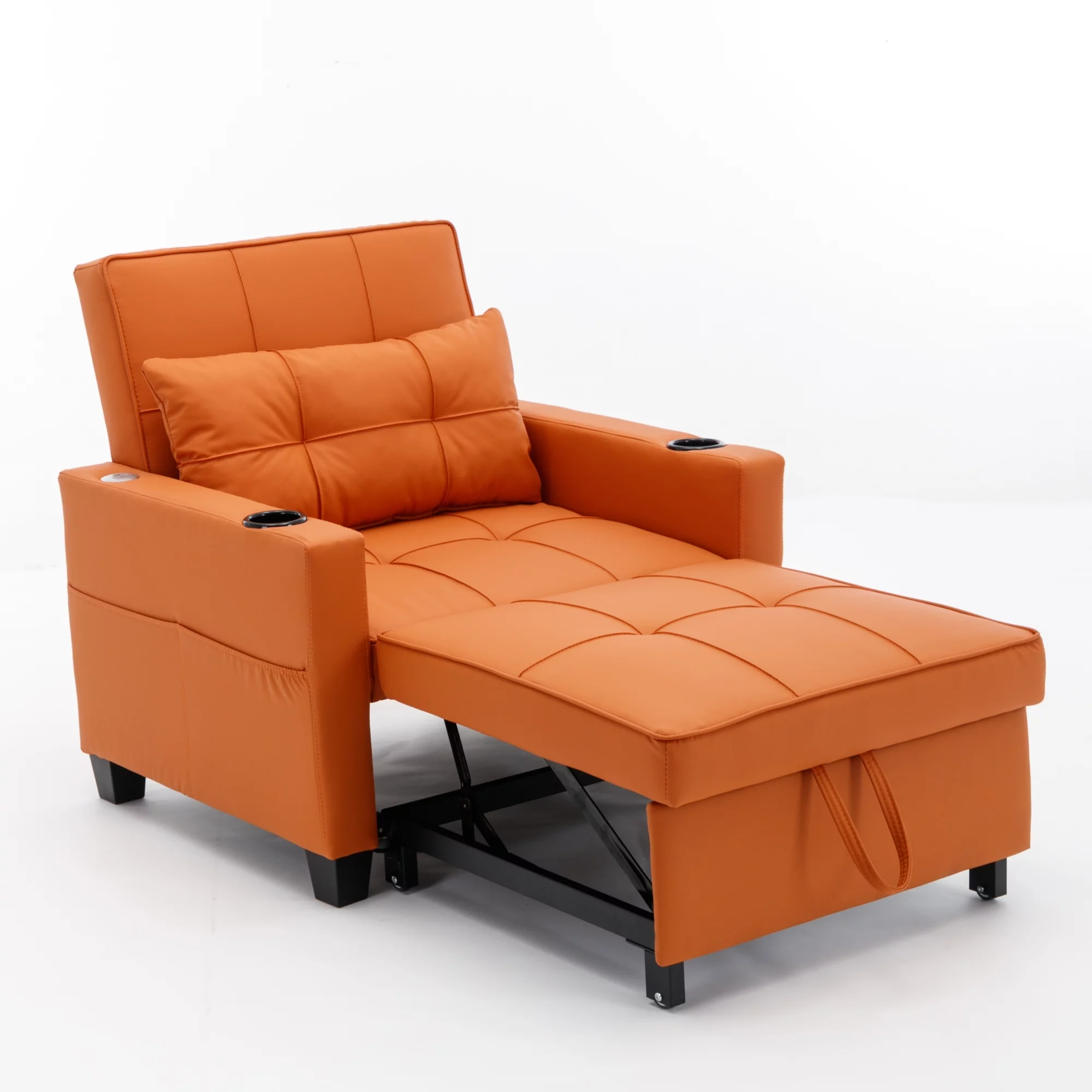 Futon Chair Bed Convertible Chair 3-in-1 Pull Out Sleeper Chair Beds with USB Ports, Armchair Bed Sleeper for Living Room (Orange Leather)