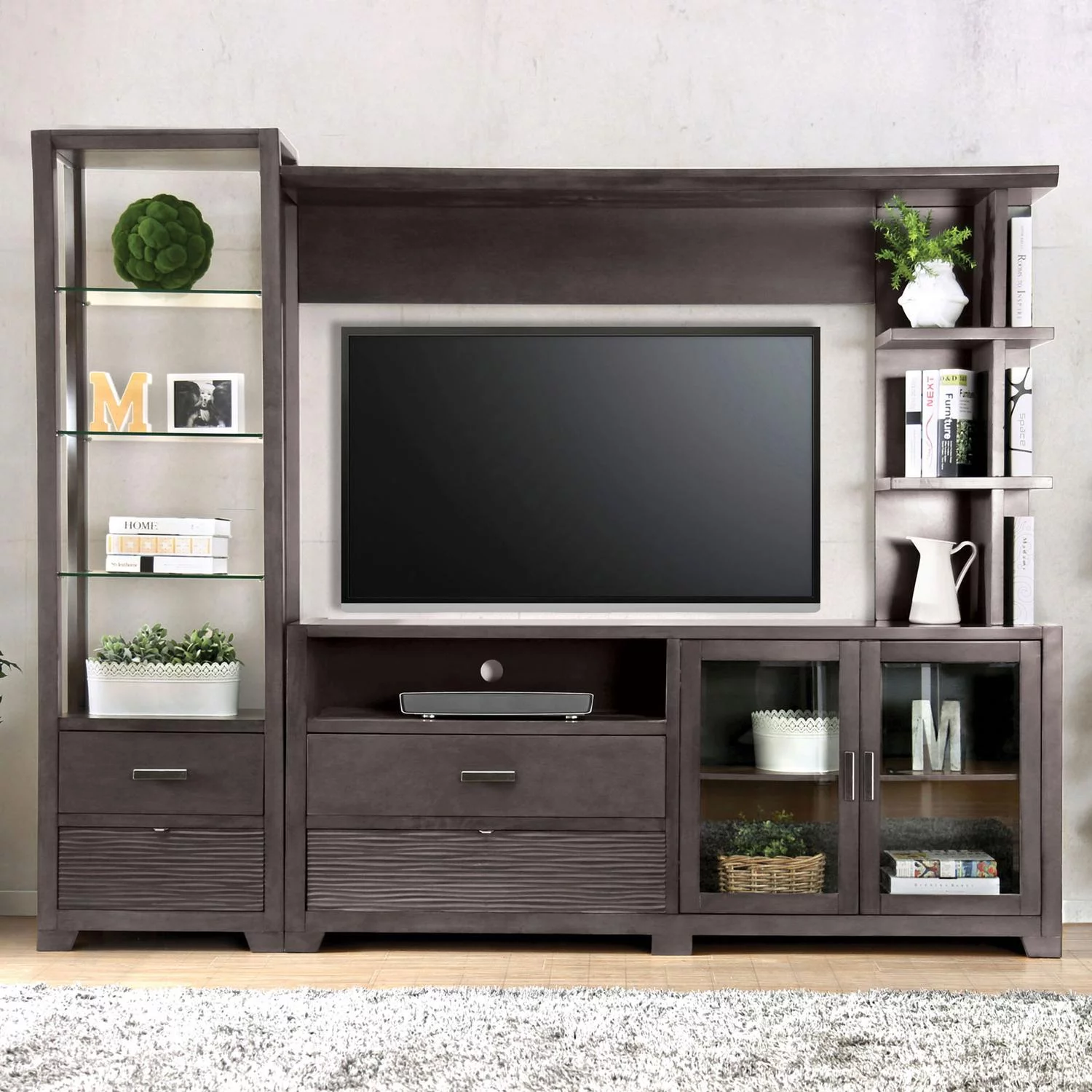 Transitional Gray Solid Wood TV Stand Set 3pcs Furniture of America Tienen