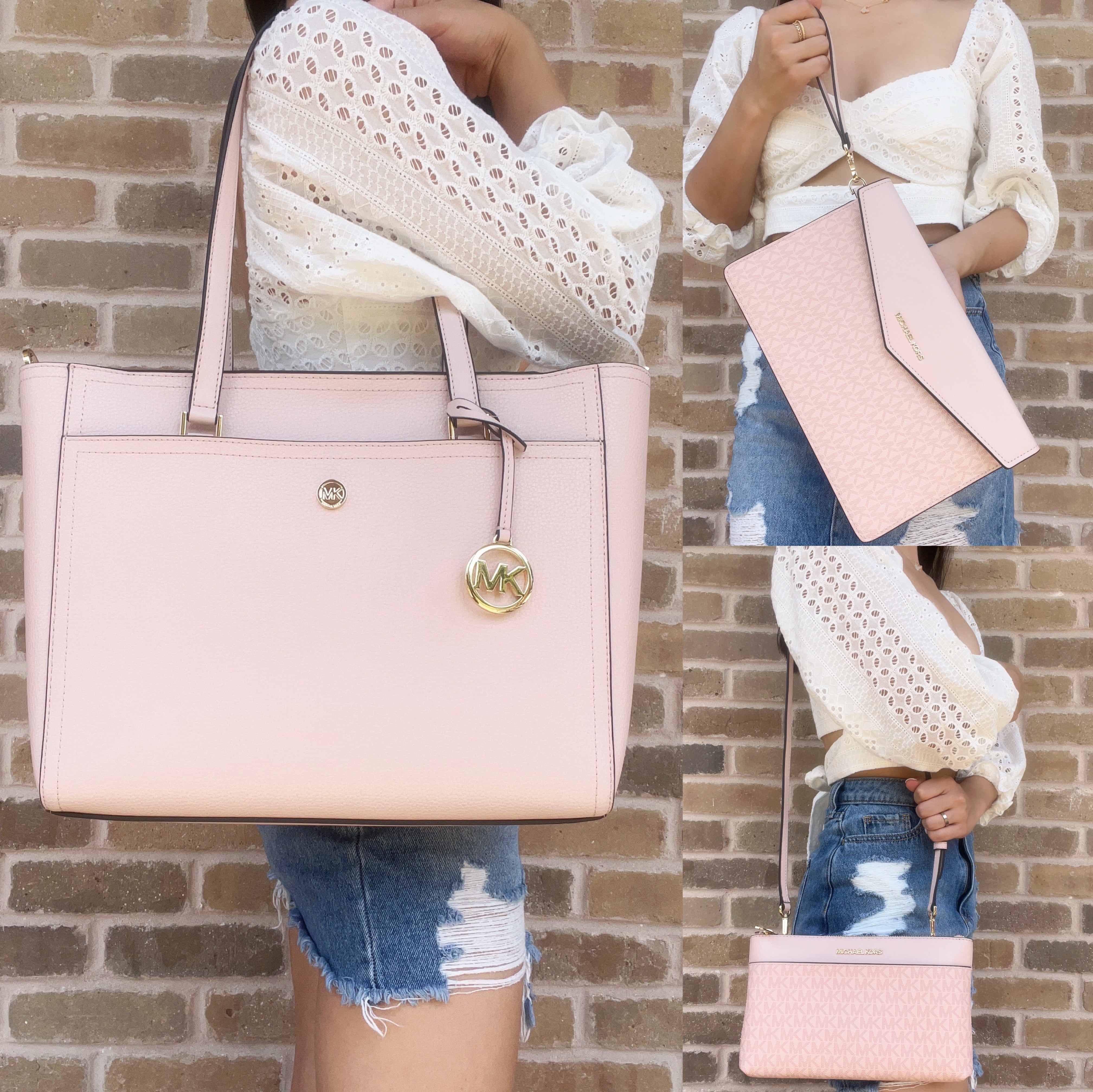 Michael Kors Maisie Large Pebbled Leather 3-In-1 Tote Bag Powder Blush Pink Mk - Curated Treasures Market