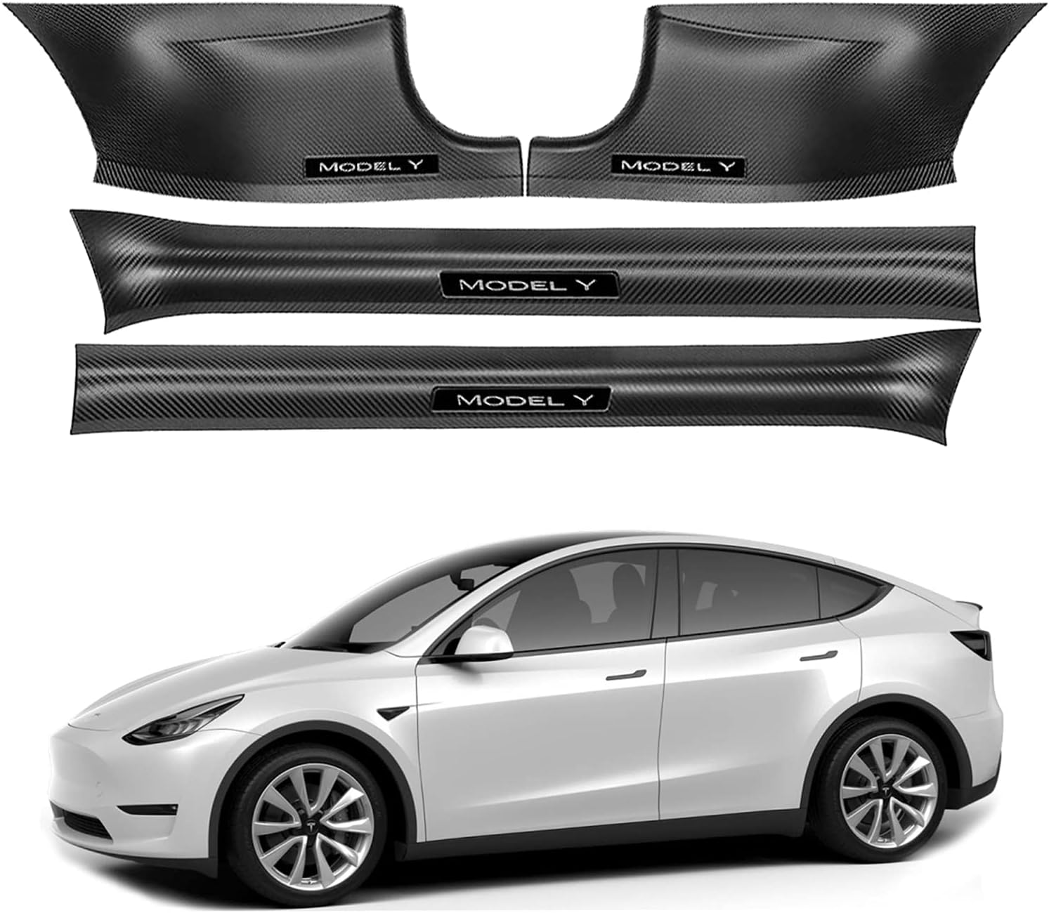 KIKIMO Tesla Model Y Door Sill Protector -Matte Carbon Fiber ABS Door Car Pedal Kick Protection-Tesla Model Y Accessories-Sill Scuff Plate Guard Set