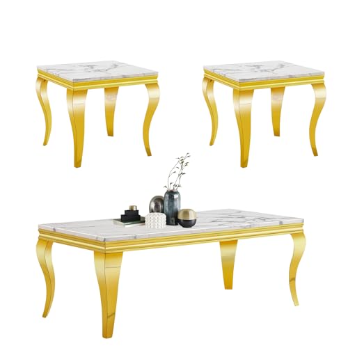3 Piece Living Room Table Set, White Coffee Table & End Side Table & Console Table