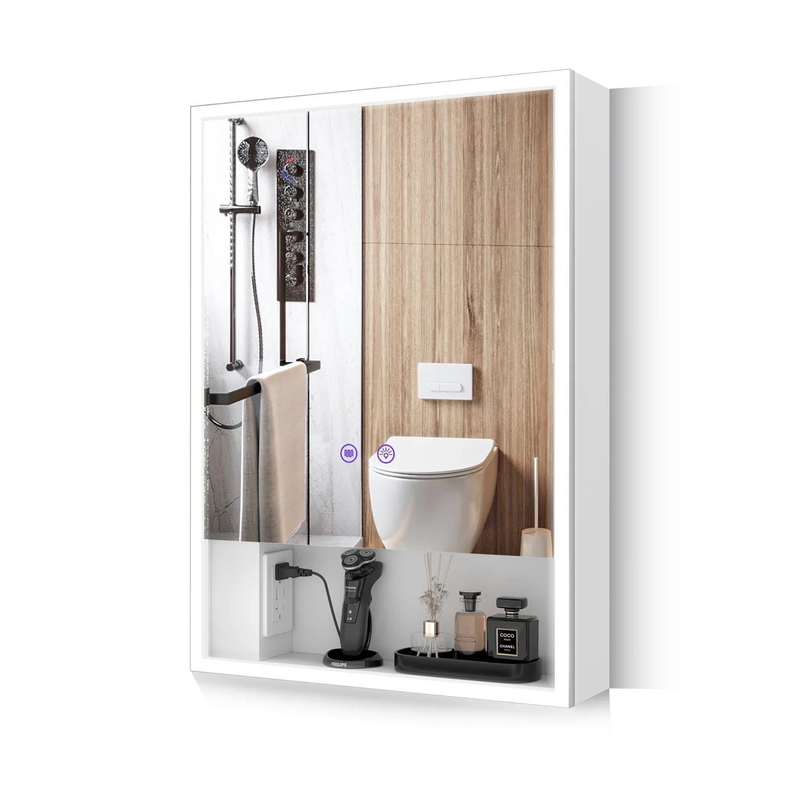 LALAHOO Bathroom Medicine Cabinet with 3-Color Mode Led Lights 28 x 20 Inch Recessed Medicine Cabinet or Surface Mount Medicine Cabinet with Socket