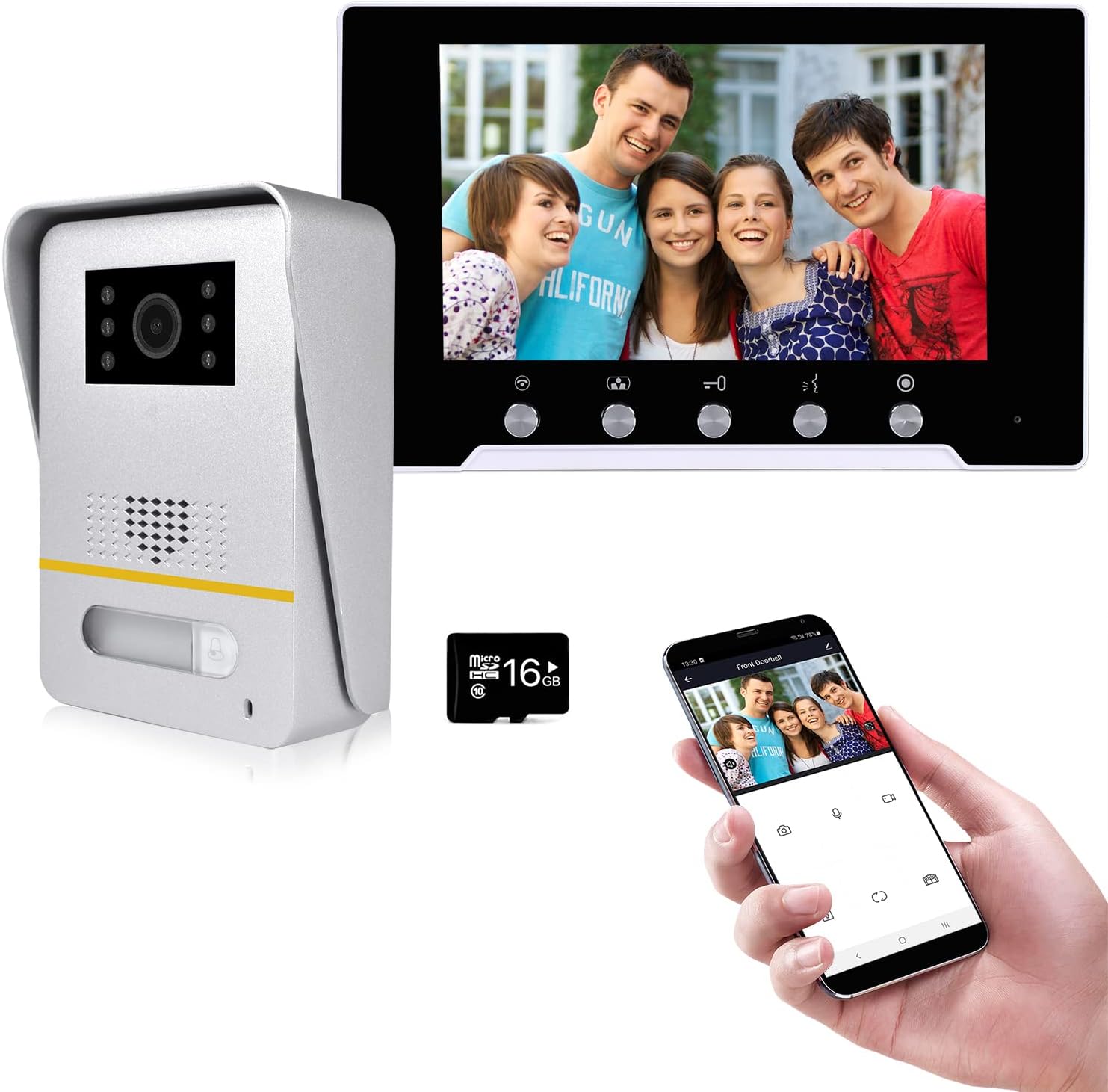 TONCONT Wireless Video Doorbell System, WiFi Video Intercom Door Phone Kits, WiFi 7 Inch Monitor with 16G Card, Wired 1080P HD Camera