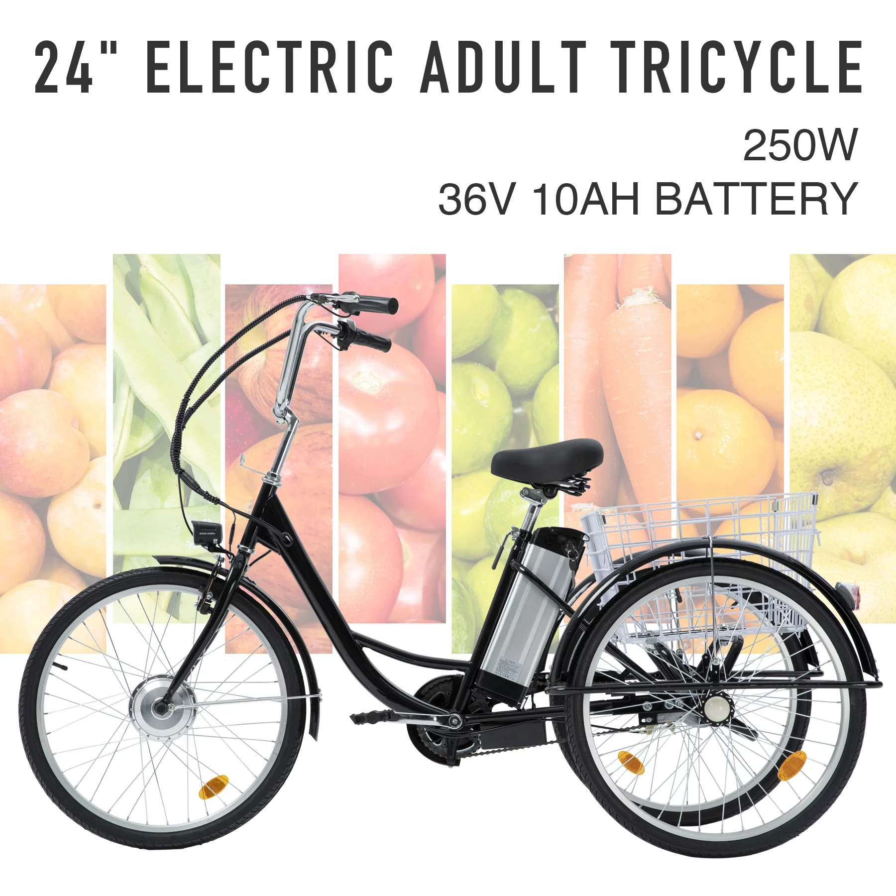 VIRIBUS 24 Inch Electric Trike Bike for Adults 36V 3 Wheel Electric Bicycle for Women Men, Black